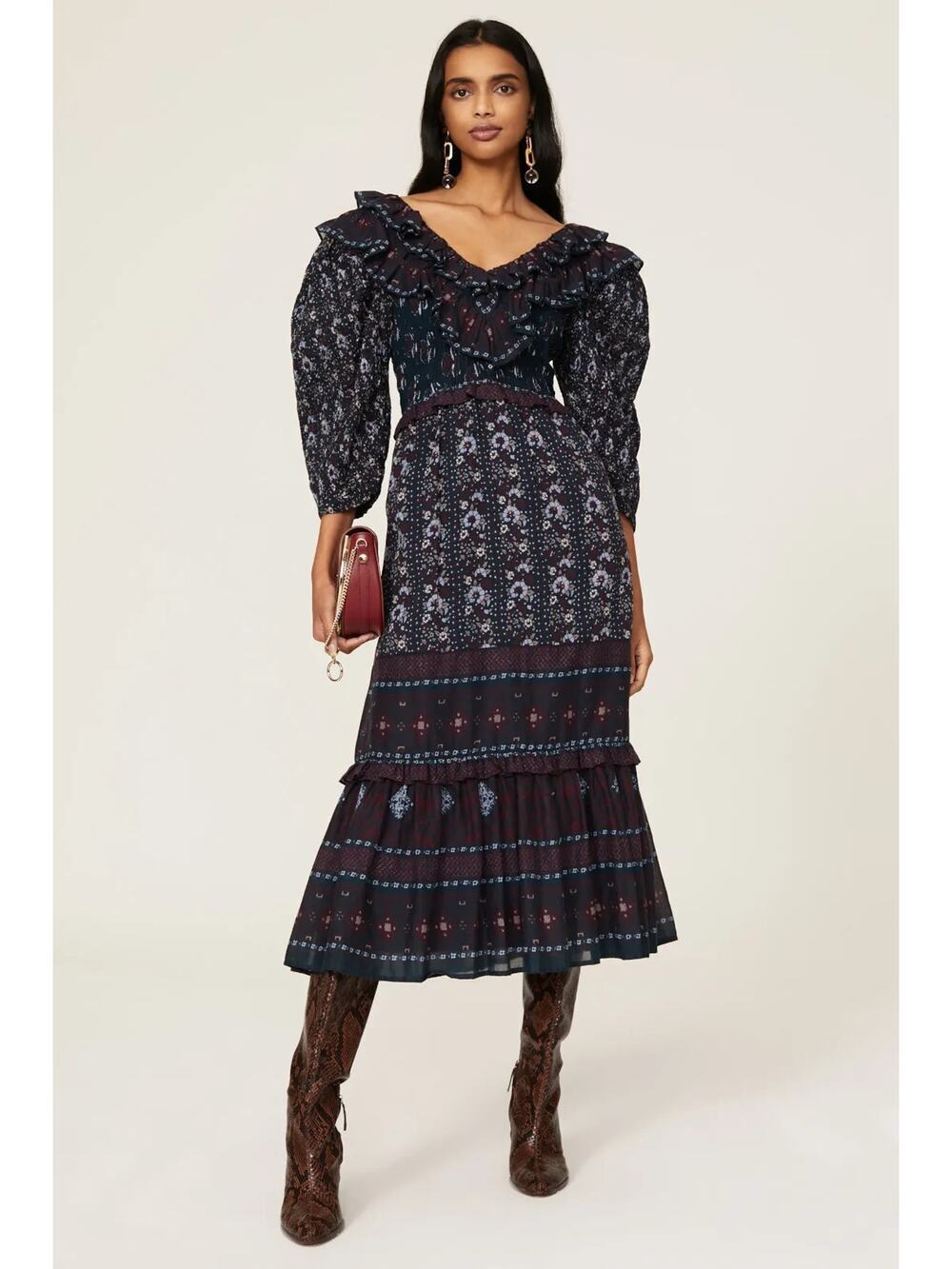 Sea New York Nadine Border Dress Floral 3/4 Puff Sleeve Ruffle Midi Navy Blue 12